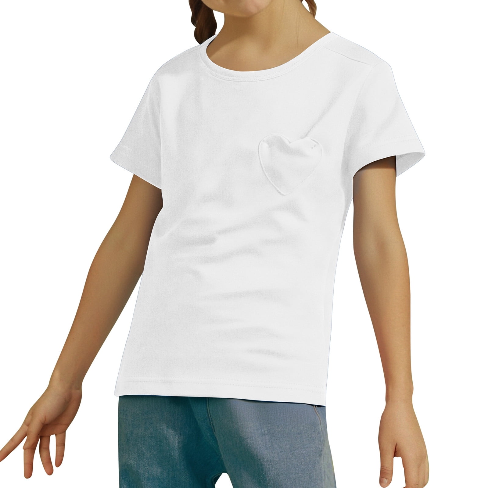 ★CERRIC★POCKET GIRL ROUND TOP★1555_1554★White_Charcoal★ Girls Toddler Kids Soft Summer Solid Color Round Neck Heart