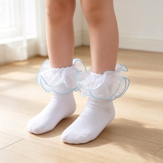 Girls Toddler Little Girls White Ruffle Socks Dress Lace Frilly | Lace Embroidery Flower Ruffle, 2-8Y Girls Frilly Dress Socks, Uniforms and Formal Dresses, Soft Comfortable Cotton