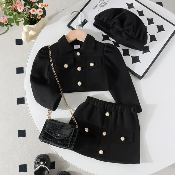 Girls Toddler Outfit Cute 3PCS Set with Long Sleeve Jacket T-Shirt Bow Button Skirt for Comfortable Everyday Wear