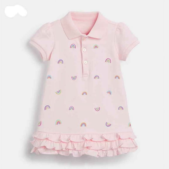 Bellafa Girls' Toddler Short Sleeve Active Polo Ruffle Dress Princess Rainbow Printed Skirt Dresses 2-7 Years