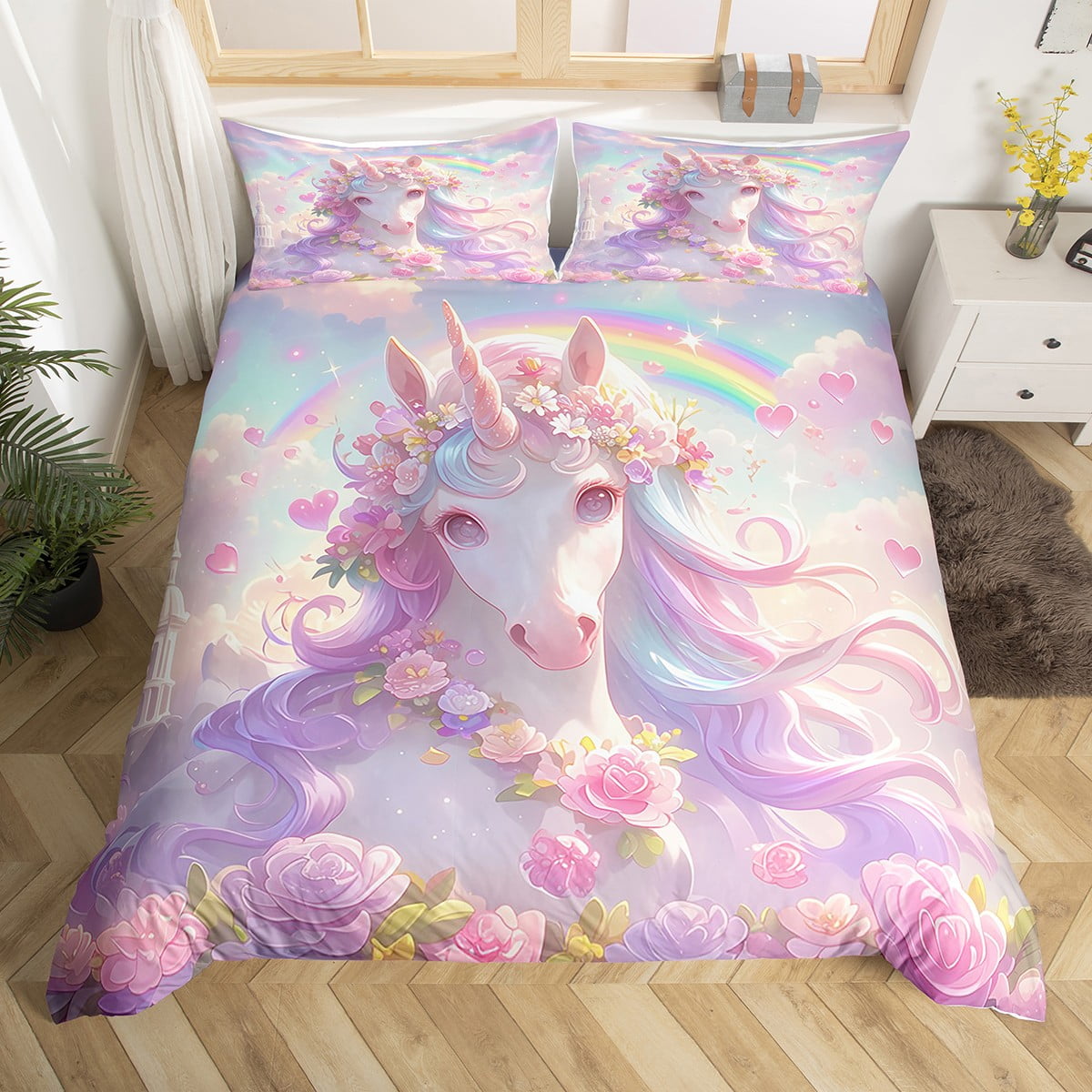 Girls Toddler Size Unicorn Bedding Set Rainbow Unicorn Duvet Cover Cute