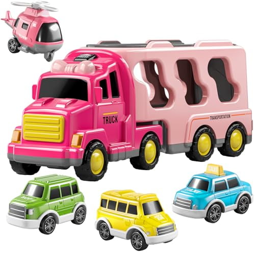 Girls Toddler Truck Toys for 3 4 5 6 Year Old,5-in-1 Friction Powered Vehicle Car Set for Toddlers 3-6,Carrier Toys for Kids 3-5,Christmas Birthday Gifts for Boys Age 3-9