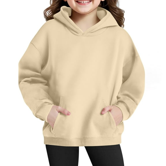 Girls and Toddlers' Long Sleeve T Shirts New Fleece Hoodies for Teen Girls Trendy Long Sleeve Causal Pullover Tops Cute Hooded Sweatshirt with Pocket Beige 11 Years