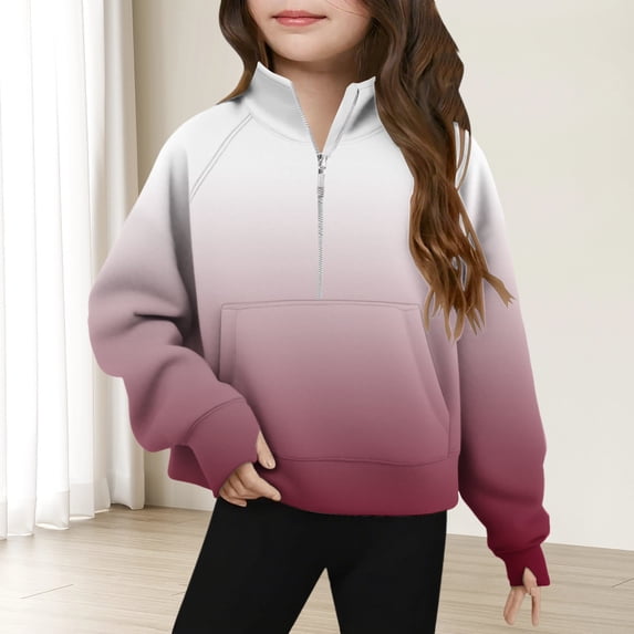Girls and Toddlers' Pullover Hoodie Sweatshirt Ndbuld Middle Big Half Zip Crewneck Sweatshirt Long Sleeve Pullover Crop Kids Fleece Sweatshirts For 5-14 Years Wine 11 Years