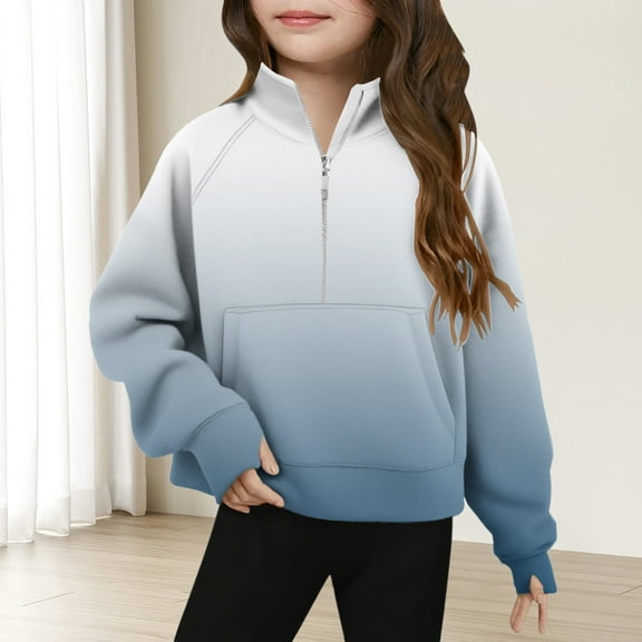 Girls and Toddlers' Pullover Hoodie Sweatshirt Ndbuld Middle Big Half Zip Crewneck Sweatshirt Long Sleeve Pullover Crop Kids Fleece Sweatshirts For 5-14 Years Blue 7 Years
