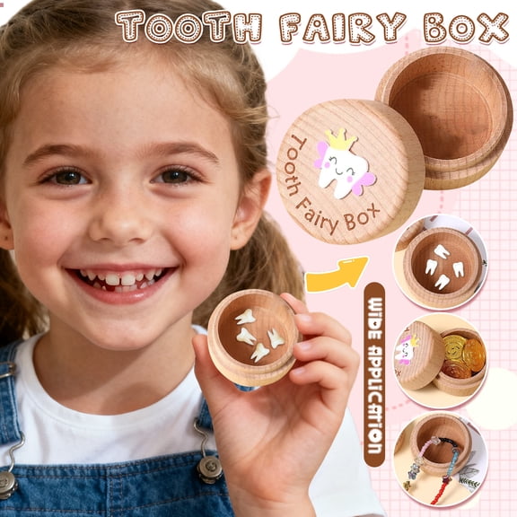Girls Tooth Box, Cute 3D Teeth Carving Wooden Storage Box With Colorful Printed Lid - Natural Wood Lost Teeth Keepsake, Compact Pillow-Friendly Design - For ren's First