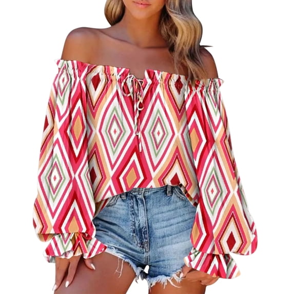 Girls Top Casual Retro Printing One Word Collar Off Shoulder Long Sleeve Blouse Tops T Shirts