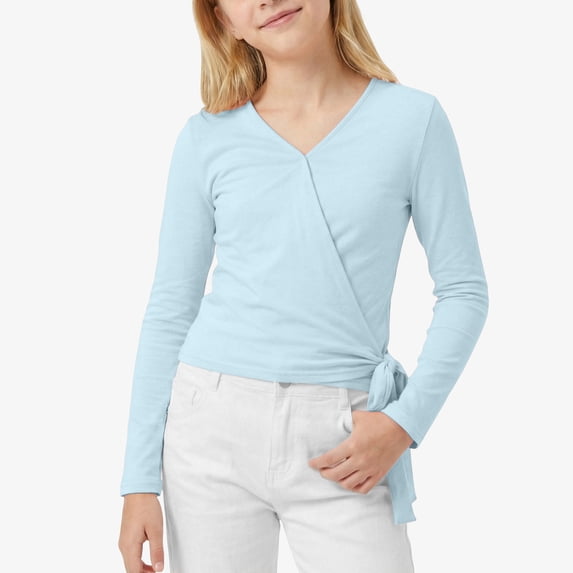 Girls Top for Kids Long Sleeve V-Neck Tie-Wrap Tee Slim Fit Blouse for Dance Yoga Girls 5-16 Years, 15-16 Years, Light Blue