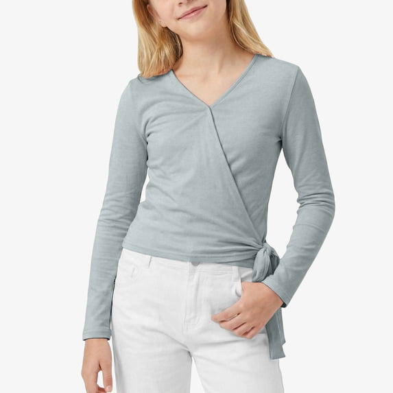 Girls Top for Kids Long Sleeve V-Neck Tie-Wrap Tee Slim Fit Blouse for Dance Yoga Girls 5-16 Years, 7-8 Years, Grey