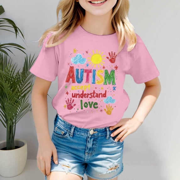 Girls' Tops Autism Awareness Day Short Sleeve Ribbed Tee Girls Clothes Pink 5-6 Years