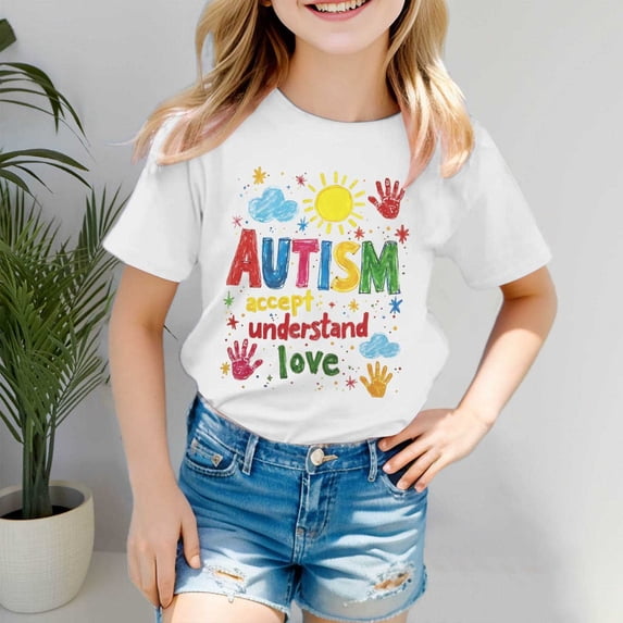 Girls Tops Autism Awareness Day Short Sleeve Ribbed Tee Girls Clothes White 3-4 Years