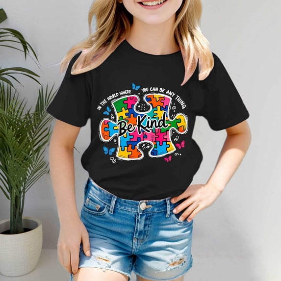Girls Tops Autism Awareness Short Sleeve Ribbed Casual Tee Girls Clothes Black 2-3 Years