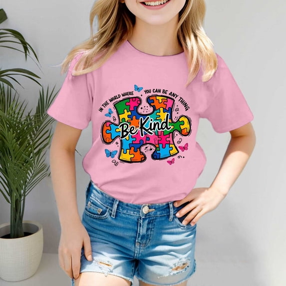 Girls' Tops Autism Awareness Short Sleeve Ribbed Casual Tee Girls Clothes Pink 11-12 Years