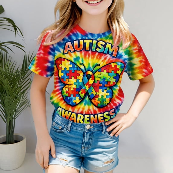 Girls' Tops Autism Awareness Short Sleeve Ribbed Tee Casual Girls Clothes Blue 3-4 Years