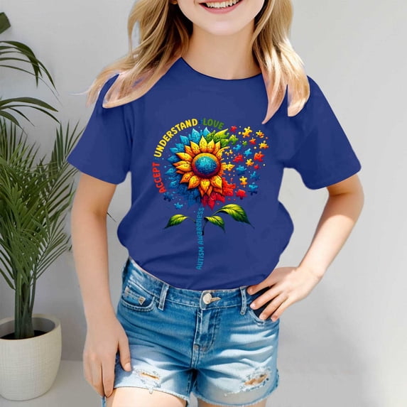 Girls' Tops Autism Awareness Short Sleeve Ribbed Tee Casual Girls Clothes Dark Blue 3-4 Years