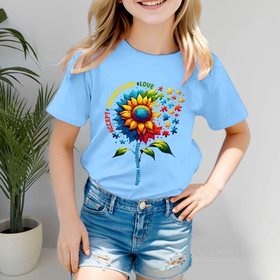 Girls' Tops Autism Awareness Short Sleeve Ribbed Tee Casual Girls Clothes Light Blue 3-4 Years
