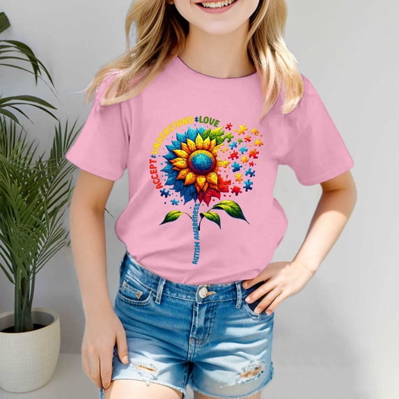 Girls Tops Autism Awareness Short Sleeve Ribbed Tee Casual Girls Clothes Pink 7-8 Years