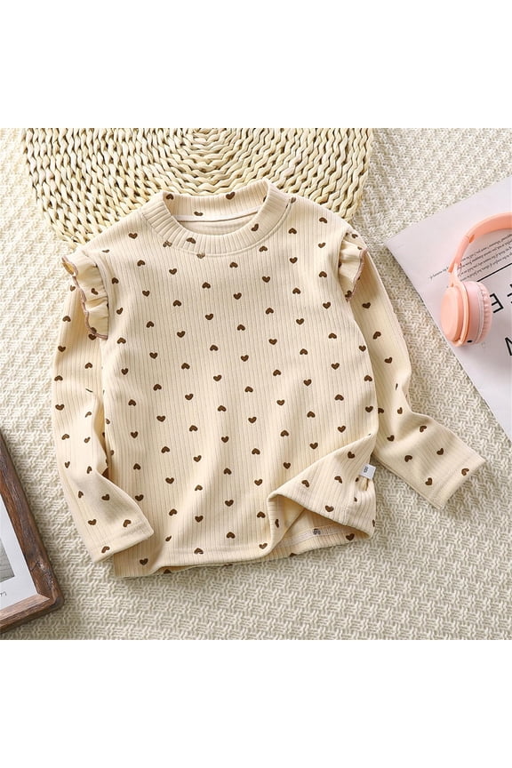 Girls Tops Autumn Floral Print Fly Sleeve Tee Casual Girls Clothes Beige 8-9 Years