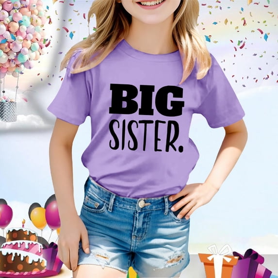 Girls Tops Big Sister Announcement Short Sleeve Graphic Tee Girls Clothes Light Purple 4-5 Years