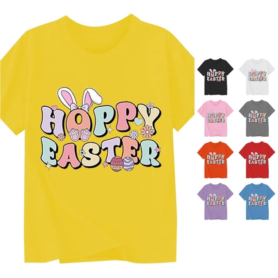Girls Tops Casual Easter Print Tee for Kids Versatile Everyday Shirt for Playful Gifting and Easy Styling Yellow 4-5 Years
