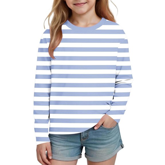 Girls Tops Casual Long Sleeve Crewneck Tee for Kids – Soft Striped Tee Comfortable Everyday Wear for Little Girls