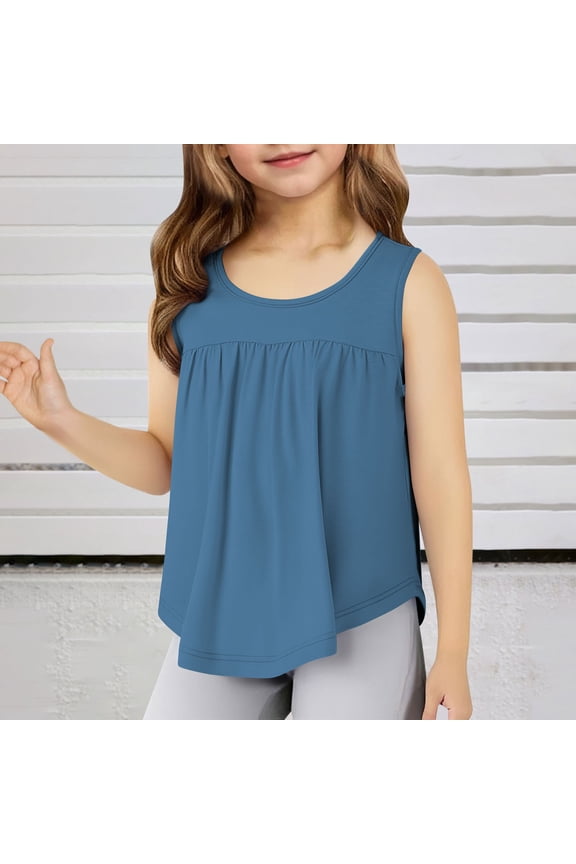 Girls Tops Casual Sleeveless Solid Tank Top Stretchy Round Neck Girls Clothes Blue 13-14 Years