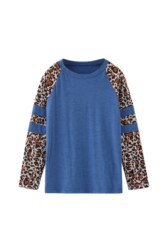 Girls Tops Crewneck Long Sleeve Leopard Pattern Tee for Toddler Kids Solid Casual Autumn Tennis Blouse Style Top Blue 5-6 Years