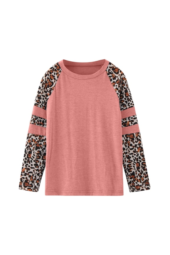 Girls Tops Crewneck Long Sleeve Leopard Pattern Tee for Toddler Kids Solid Casual Autumn Blouse Style Top Pink 3-4 Years