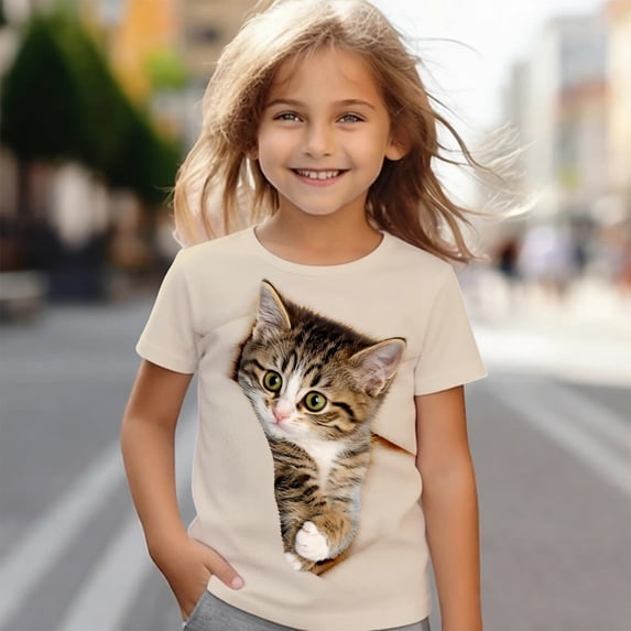 Girls' Tops Cute Cat Graphic Print Short Sleeve Tee Soft Casual Girls Clothes Beige 3-4 Years