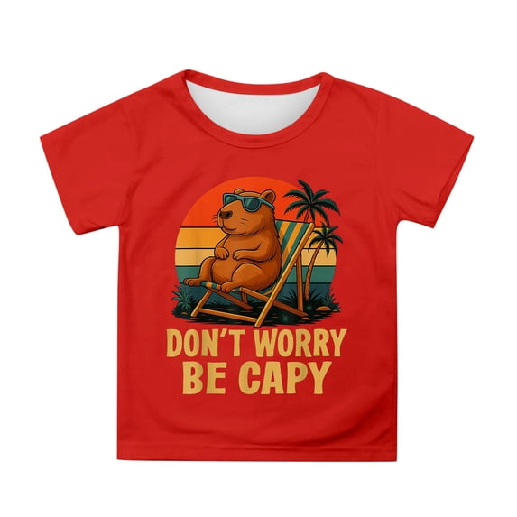 Girls Tops Cute Print Short Sleeve Round Neck Loose Fit Playful Beach Vacation Clothes for Girl,Red,120