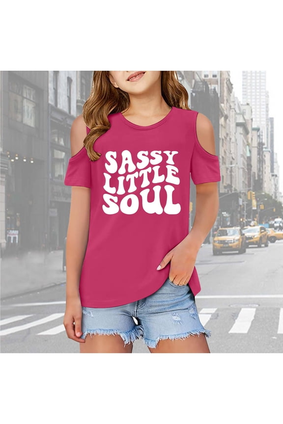 Girls Tops for Everyday Casual Play Short Sleeve Cold Shoulder T Shirt with Round Neck and Graphic Design for 3-12 Years Girls Spring Summer, 7-8 Years, Hot Pink