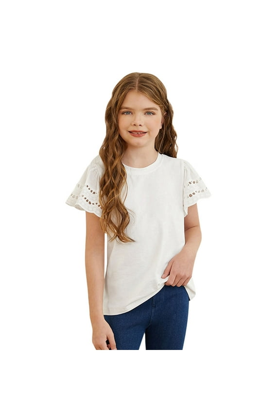 Girls Tops Featuring European Lace Crochet Hollowed Out Design Flanged Short Sleeved T Shirts Boutique Clothes for Girls Aged 4 to 13 Years Old