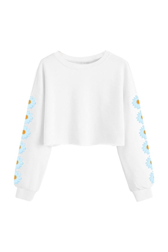 Girls Fall Outfits Girl Sweatshirt Kids Crop Tops Girls Long Sleeve Tee Shirts Cute Daisy Pinted Fashion Sweatshirt Pullover Top White 8-9 Years
