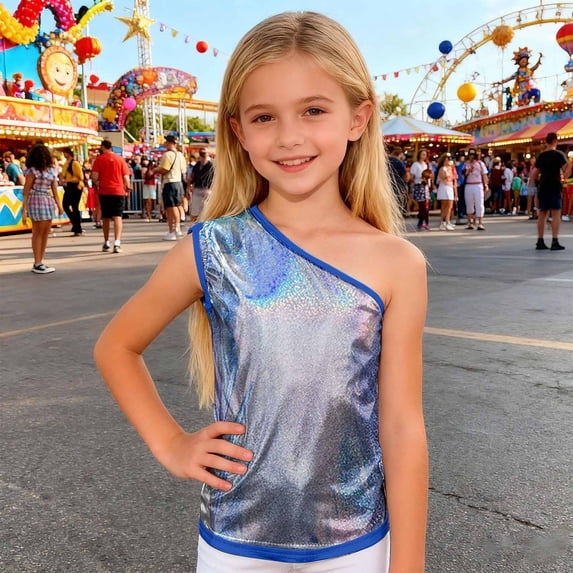 Girls Tops Glitter Asymmetrical Shoulder Sequin Vest Stage Top Girls Clothes Blue 5-8 Years