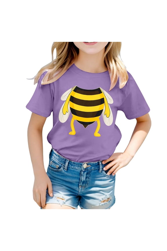 Girls Tops Kids Unisex Bee Print Loose Casual Short Sleeve Tee Girls Clothes Purple 6-7 Years