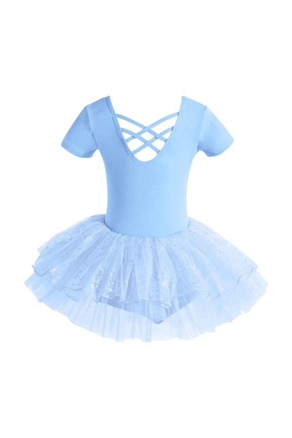 Girls Tops Mesh Solid Print Scoop Neck Short Sleeve Crisscross Back Ballet Leotard Tutu Dress for Dance Practice Girls T Shirts Blue 1 Years-2 Years