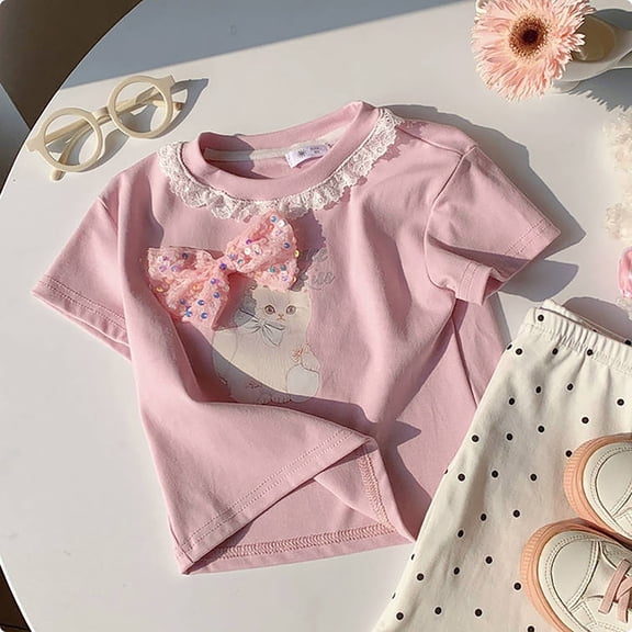 Girls Tops Size 11-12Y Short Sleeve Cute Cat Print Summer Graphic Tees with Lace Collar Bow Tie Casual Kids T Shirts