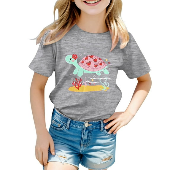 Girls Tops Size 12 Summer Sea Turtle Print O-Neck Soft Stretch Short Sleeves Shirt Girls T-Shirt Party Tee Tops,Grey,140(8-9 Years)