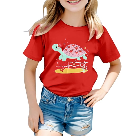 Girls Tops Size 12 Summer Sea Turtle Print O-Neck Soft Stretch Short Sleeves Shirt Girls T-Shirt Party Tee Tops,Red,150(10-11 Years)