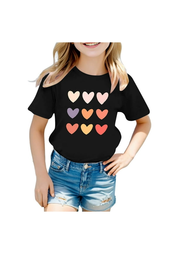 Girls Tops Size 8-10 Round Neck Short-Sleeve T-Shirt Tops Cartoon Print Dry-Fit Back To School Shirt Kids Summer Clothing 7-8 Years(Black)
