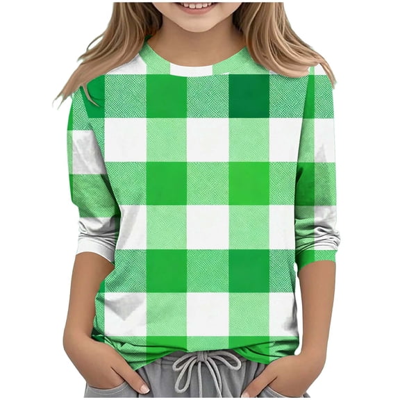 Girls Tops St. Patrick's Day Casual 3/4 Sleeve Tshirt 2026 Cute Printed Crewneck Basic Tees Size 3-14