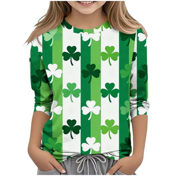 Girls Tops St. Patrick's Day Casual Crewneck Basic Tees 2026 Cute Printed 3/4 Sleeve Tshirt Size 3-14