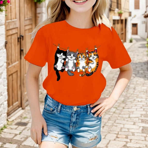 Girls Tops Summer Short Sleeve Loose Fit Cat Print Crewneck Tee Girls Clothes Orange 4-6 Years