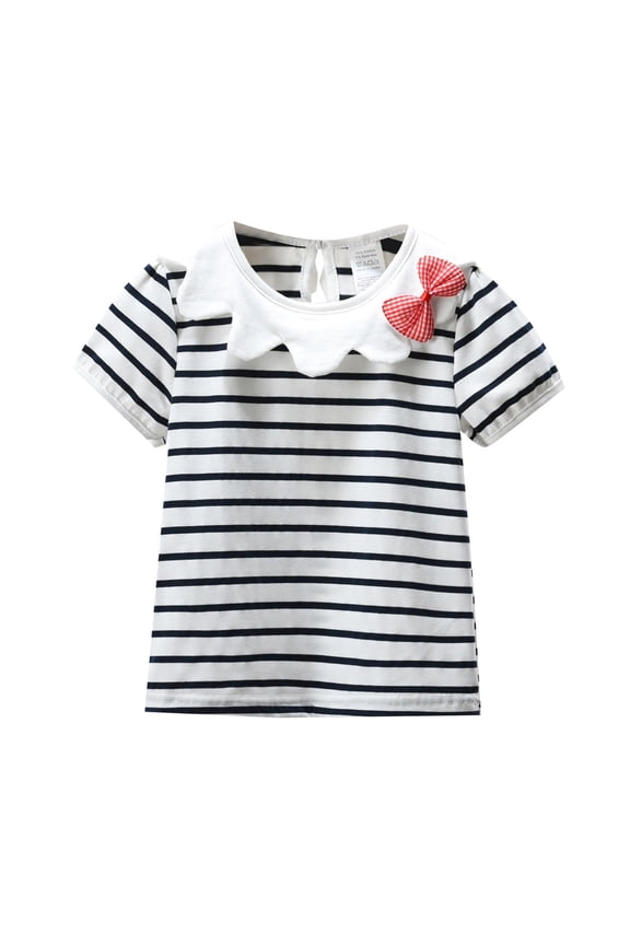 Girls' Tops Summer Short Sleeve Striped Flower Neck Bow T Shirt Casual Outing Seaside Clothes Girls Tops Black 12 Months-18 Months