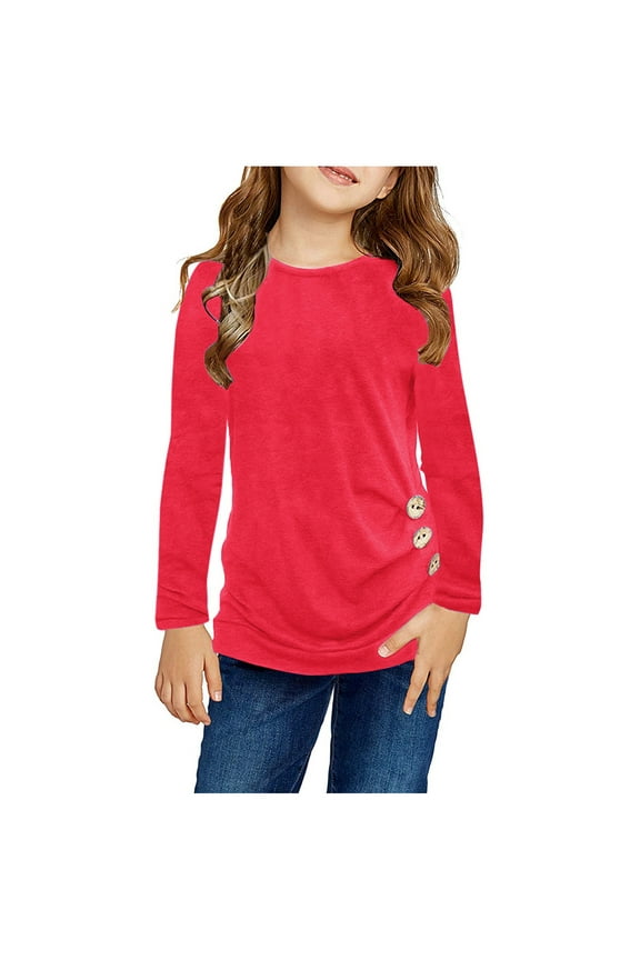 Girls Tops, Tees & Shirts Kids Girls Casual Tunic Tops Knot Front Button Long Sleeve Casual Loose Crewneck Blouse T-Shirt Tee Red 8 Years-9 Years