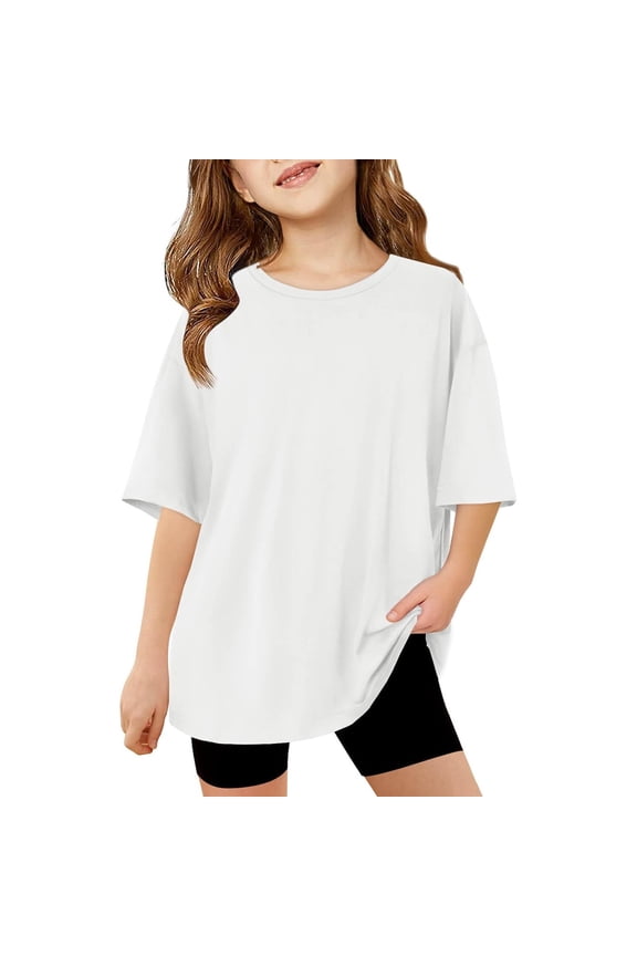 Girls Tops Tees Shirts — Kids Short Sleeve T Shirts for Girls Casual Crewneck Basic Tees Summer Oversized Tops White 13-14 Years