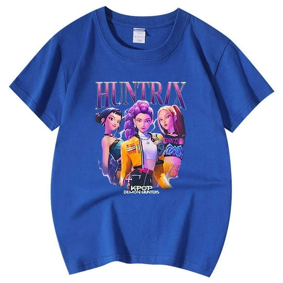 Girls Tops Tees Shirts Short Sleeve Kpop Style Casual Summer Round Neck for Ages 3 to 13 Wear Dark Blue,120