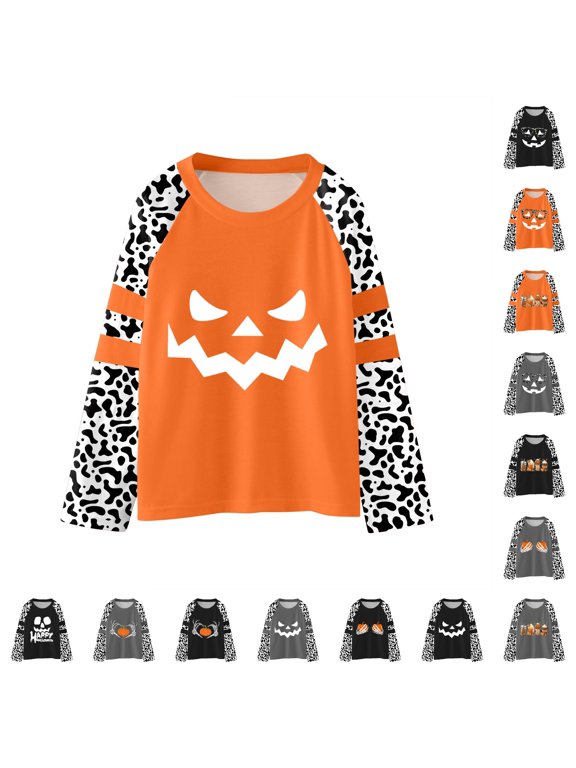 Girls Tops Tees Shirts Youths Halloween Pumpkins Letter Prints Casual Pullover Leopard Long Sleeve Sweatshirt for Little Girls 3-4 Years