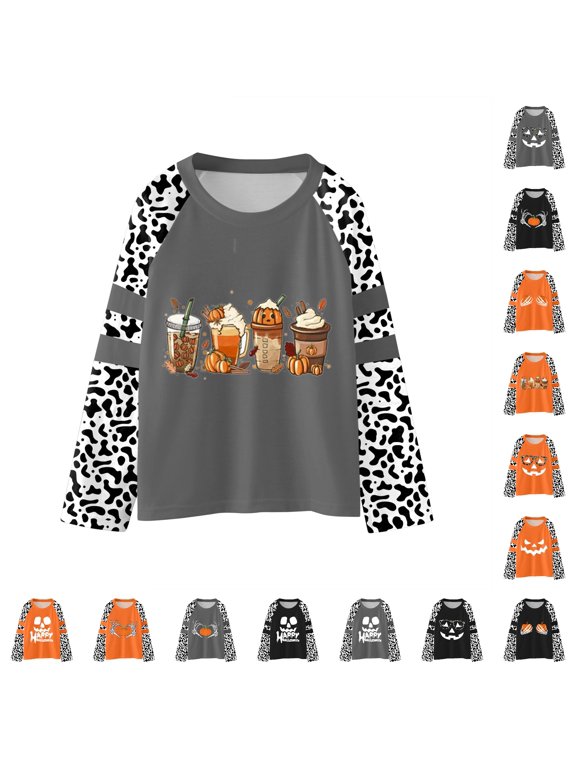 Girls Tops Tees Shirts Youths Halloween Pumpkins Letter Prints Casual Pullover Leopard Long Sleeve Sweatshirt for Little Girls 4-5 Years