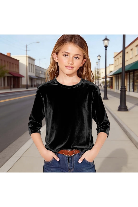 Girls' Tops Velvet Short Sleeve Crewneck Tee Soft Casual Basic Girls Clothes Black 3-4 Years